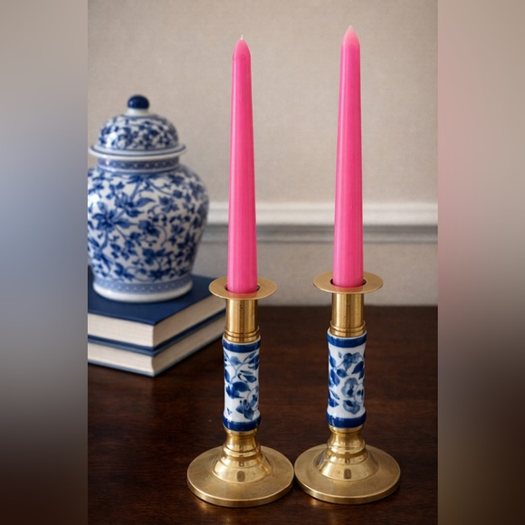 Other - Chinoiserie Blue & White Porcelain and Solid Brass Pair Of Candlesticks
